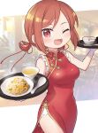  1girl a_channel alternate_costume blush breasts brown_hair china_dress chinese_clothes commission dress food fried_rice gloves holding holding_tray imai_yutaka medium_breasts one_eye_closed open_mouth red_dress red_eyes short_hair skeb_commission smile solo spoon toto_nemigi tray white_gloves 