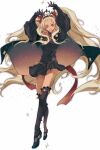  1girl alternate_hairstyle arms_up black_cape black_thighhighs black_tiara blonde_hair cape dark-skinned_female dark_skin dawnharbour earrings ereshkigal_(fate) ereshkigal_alter_(fate) fate/grand_order fate_(series) hair_ribbon hoop_earrings jewelry long_hair miniskirt official_alternate_costume puffy_sleeves red_eyes red_ribbon ribbon simple_background skirt solo sparkle thighhighs very_long_hair white_background 