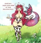  absurd_res anthro big_breasts blue_eyes bodily_fluids bovid bovid_horn bovine bovine_horn breast_milking breasts cattle chubby_female clothing cow_costume cow_horn cum cum_in_a_cup dominant dominant_female female generation_3_pokemon genital_fluids grass hair hi_res horn lactating long_hair long_tail luna_the_milotic mammal milotic mooncouple nintendo open_mouth penile penis_milking penis_pump plant pokemon pokemon_(species) red_hair reptile scalie slightly_chubby snake solo tail text 