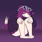  &lt;3 2023 3_toes ambiguous_gender anthro bent_legs bottomless canid canine canis clothed clothing digboye dipstick_tail domestic_dog eyelashes eyewear feet floppy_ears fur head_tuft highball_(digboye) jacket mammal markings motion_blur nonbinary_(lore) purple_background red_body red_eyes red_fur simple_background sitting smile solo sunglasses tail tail_markings tail_motion tailwag toes topwear tuft 