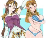  1girl absurdres blonde_hair blue_eyes blush bra braid breasts cleavage covering dress earrings elbow_gloves embarrassed gloves highres impossible_clothes jewelry large_breasts long_hair panties pointy_ears princess_zelda skin_tight the_legend_of_zelda the_legend_of_zelda:_ocarina_of_time the_legend_of_zelda:_twilight_princess underwear whoopsatro 
