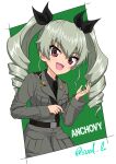  1girl absurdres anchovy_(girls_und_panzer) anzio_military_uniform belt black_belt black_necktie black_ribbon black_shirt character_name commentary drill_hair girls_und_panzer green_hair grey_jacket hair_ribbon highres holding_riding_crop jacket long_sleeves looking_at_viewer military_uniform necktie open_mouth outside_border red_eyes ribbon riding_crop sam_browne_belt shirt smile solo standing svalbaru twin_drills twintails twitter_username uniform upper_body wing_collar 