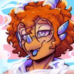  anthro breath chameleon clothing curled_hair eyewear froggsalt glasses hair hi_res horn humanoid lgbt_pride lizard male pride_color_flag pride_colors red_hair reptile scalie smoke smoke_from_mouth solo trans_(lore) 