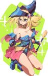  1girl absurdres artist_request bare_shoulders blonde_hair blue_footwear blue_headwear blush_stickers boots breasts cleavage collarbone dark_magician_girl duel_monster green_background green_eyes hair_between_eyes hat highres holding holding_staff large_breasts long_hair solo staff witch_hat yu-gi-oh! 