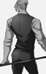  1boy absurdres achilles_(fate) collared_shirt cowboy_shot facing_away fate_(series) haruakira highres holding holding_polearm holding_weapon male_focus monochrome pants polearm shirt short_hair simple_background solo undercut vest weapon weapon_behind_back 