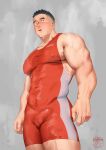  1boy artist_name bara black_hair blush bulge covered_nipples highres hiroki_bzdsk large_pectorals male_focus muscular muscular_male open_mouth original pectorals short_hair simple_background solo sweat sweatdrop wrestling_outfit 