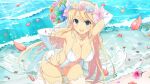  1girl arms_behind_head beach belly_chain blonde_hair blue_flower blue_rose blush bouquet breasts bridal_lingerie bridal_veil bride cleavage day elbow_gloves falling_petals flower gloves green_eyes hair_flower hair_ornament hand_on_own_hip hibiscus high_heels holding holding_bouquet jewelry katsuragi_(senran_kagura) kneeling lace lace_trim large_breasts leaf lingerie long_hair looking_at_viewer navel necklace ocean official_alternate_costume official_art panties petals pink_flower pink_rose purple_flower red_flower rose senran_kagura senran_kagura_new_link senran_kagura_shoujo-tachi_no_shin&#039;ei slingshot_swimsuit smile solo swimsuit thigh_strap thighhighs thighlet underwear veil water white_gloves white_panties white_thighhighs yaegashi_nan yellow_flower yellow_rose 