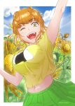  1girl ;d absurdres alternate_breast_size arm_up artist_name bad_anatomy blush breasts brown_hair cloud day flower green_eyes green_skirt hand_out_of_frame highres large_breasts looking_at_viewer miyake_hinata navel one_eye_closed outdoors poshi_nemiiyo print_shirt shirt short_hair short_sleeves skirt smile sora_yori_mo_tooi_basho sunflower t-shirt 