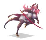  absurd_res anthro big_breasts breasts clothing corablue digital_media_(artwork) dragon elizabeth_(girlsay) female hair hi_res holding_object holding_sword holding_weapon horn jewelry looking_at_viewer melee_weapon nipple_outline on_one_leg pink_hair smile solo standing sword tail thick_thighs underwear weapon yellow_high_heels 