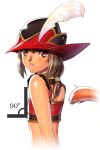  1girl :o animal_nose avatar_(ff11) brown_eyes brown_hair cat_girl cat_tail facial_mark fang feathers final_fantasy final_fantasy_xi flat_chest hair_between_eyes hat hat_feather long_hair low-tied_long_hair mithra_(ff11) open_mouth red_mage simple_background solo tail tail_raised taisai_soft upper_body whisker_markings white_background white_feathers 