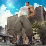  &gt;_o 1boy abs ai-assisted bald_spot bara bare_arms blue_sky building car chijimetaro cloud cloudy_sky construction cross_scar eyebrow_cut facial_hair giant giant_male godaigo_daigo godaigo_daigo_(character) grin highres house large_pectorals long_sideburns male_focus mature_male motor_vehicle muscular muscular_male nipples obliques one_eye_closed pectorals road scar short_hair sideburns sidepec sky smile solo standing stomach street stretching stubble sunlight sweat tank_top thick_eyebrows thick_thighs thighs tree white_tank_top 