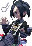  1boy allister_(pokemon) bite_addict black_eyes black_hair black_shirt black_shorts bright_pupils claw_pose closed_mouth collared_shirt commentary_request gloves hands_up highres holster long_sleeves looking_at_viewer male_focus mole mole_under_mouth no_mask partially_fingerless_gloves poke_ball poke_ball_(basic) pokemon pokemon_(game) pokemon_swsh raised_eyebrows shirt short_hair shorts single_glove solo suspenders white_background white_pupils 