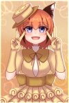  1girl alternate_costume animal_ears blue_eyes caracal_(kemono_friends) caracal_ears dress extra_ears gloves hat highres hikarikmy kemono_friends kemono_friends_v_project looking_at_viewer open_mouth orange_hair short_hair simple_background smile solo v virtual_youtuber yellow_background 