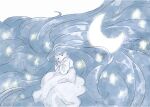  1girl absurdly_long_hair closed_eyes commentary_request crescent_moon dress fantasy glowing hair_spread_out long_hair long_sleeves lying monaka_(siromona) monochrome moon on_side original simple_background sleeping solo star_(symbol) very_long_hair 