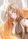  1girl blonde_hair breasts commentary_request dress fire_emblem fire_emblem_heroes gradient_hair grey_dress grey_hair gullveig_(fire_emblem) gullveig_(seer_beyond_time)_(fire_emblem) highres horns long_hair looking_at_viewer multicolored_hair official_alternate_costume pale_skin parted_bangs seidr_(fire_emblem) single_horn solo twitter_username two-tone_dress two-tone_hair very_long_hair white_dress yutohiroya 