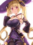  1girl are_you_333 azur_lane bat_hair_ornament belt black_pantyhose black_ribbon blonde_hair blush breasts cape cleavage food-themed_hair_ornament gem hair_ornament hair_ribbon halloween halloween_costume hat highres jack-o&#039;-lantern jack-o&#039;-lantern_hair_ornament large_breasts leotard long_hair looking_at_viewer nelson_(azur_lane) nelson_(luna_witch)_(azur_lane) official_alternate_costume pantyhose potion pumpkin_hair_ornament purple_leotard red_eyes red_gemstone ribbon smile solo taut_leotard thighband_pantyhose twintails very_long_hair witch_hat 