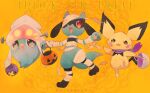  :d bandages blush_stickers brown_eyes commentary fang halloween halloween_bucket happy holding inkay no_humans open_mouth pichu pokemon pokemon_(creature) purple_scarf riolu scarf smile sparkling_eyes trick_or_treat yajuuraku 