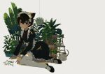  1girl absurdres animal_ear_fluff animal_ears apron black_footwear black_hair blush cat_ears cat_girl chair collared_dress commentary_request dress flower frilled_dress frills full_body grey_eyes hair_between_eyes hanging_plant highres kgt_(pixiv12957613) long_sleeves looking_at_viewer maid maid_apron maid_headdress mary_janes neck_ribbon one_side_up original pantyhose parted_lips plant potted_plant puffy_long_sleeves puffy_sleeves red_ribbon ribbon shoes short_hair signature simple_background solo watering_can white_background white_flower white_pantyhose 