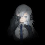  1girl black_background black_flower black_shirt blue_hair blue_necktie flower grey_eyes grey_hair hair_flower hair_ornament hair_over_one_eye hand_on_own_face head_tilt highres isekai_joucho kamitsubaki_studio light_smile long_hair looking_at_viewer multicolored_hair necktie parted_lips shirt simple_background sketch solo sumire_rin two-tone_hair two-tone_shirt upper_body virtual_youtuber 