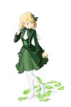  1girl ascot bow brown_hair dress feet green_dress hair_bow highres legs looking_at_viewer official_alternate_costume open_mouth pantyhose pokemon pokemon_(game) pokemon_masters_ex pokemon_xy serena_(pokemon) short_hair simple_background solo u4_99384295 white_pantyhose 