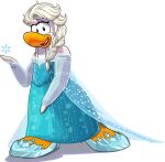  absurd_res armwear avian bird blue_clothing blue_dress blue_footwear braided_hair braided_ponytail clothing club_penguin crossover detached_sleeves disney dress female footwear frozen_(movie) full-length_portrait hair hi_res long_hair looking_at_viewer official_art open_mouth penguin ponytail portrait queen_elsa_(frozen) snowflake solo translucent_cape translucent_sleeves unknown_artist upper_teeth_only white_hair 
