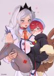  2girls absurdres backpack bag blue_hair breasts carrying eri_(pokemon) glasses grey_hair heart highres hood hoodie large_breasts leash multicolored_hair multiple_girls necktie norza open_mouth pantyhose penny_(pokemon) pokemon pokemon_(game) pokemon_sv princess_carry print_pantyhose red_hair round_eyewear short_hair skirt team_star tiara two-tone_hair yuri 