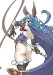  1girl animal_ears ass black_eyes black_gloves black_thighhighs blue_cape blue_hair breasts cape commentary_request elbow_gloves ferry_(granblue_fantasy) gloves granblue_fantasy holding holding_whip leotard mersoleil03 rabbit_ears shoulder_blades small_breasts solo thighhighs thong_leotard 