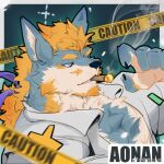  1boy artist_request bara caution_tape cigar collared_shirt facial_hair from_side furry furry_male highres jitome long_hair looking_ahead male_focus mature_male muscular muscular_male mustache mutton_chops orange_hair original portrait shirt smoking solo thick_eyebrows wolf_boy 