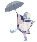 1girl :d absurdres aoi_tori blue_bow blue_eyes blue_footwear blue_hair bow coat full_body grey_umbrella highres holding holding_umbrella looking_at_viewer open_mouth original raincoat short_hair simple_background smile solo teru-chan_(aoi_tori) umbrella white_background white_coat 