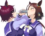  2girls animal_ears asymmetrical_docking bow breast_press breasts brown_hair cocktail_glass commentary_request cup drinking drinking_glass ear_ornament eyepatch flask hair_ornament hair_over_one_eye highres hip_flask holding holding_cup holding_flask horse_ears horse_girl light_blush long_hair medium_breasts multicolored_hair multiple_girls purple_serafuku sailor_collar sawara_noa school_uniform serafuku short_hair simple_background streaked_hair tanino_gimlet_(umamusume) tracen_school_uniform umamusume upper_body vodka_(umamusume) white_background white_bow white_hair winter_uniform yellow_eyes 