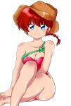  1girl blue_eyes braid braided_ponytail breasts brown_headwear cleavage hat highres ichika_(sak4869) long_hair looking_at_viewer medium_breasts one-piece_swimsuit ranma-chan red_hair red_one-piece_swimsuit single_braid sitting smile solo strapless strapless_swimsuit sun_hat swimsuit urusei_yatsura 