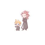  2boys axel_(kingdom_hearts) black_coat black_coat_(kingdom_hearts) black_footwear blonde_hair blue_eyes chibi closed_eyes coat crossed_arms dot_mouth expressionless facial_mark height_difference kingdom_hearts long_coat long_hair male_focus messy_hair multiple_boys nitoya_00630a no_mouth no_nose pointing red_hair roxas shoes short_hair spiked_hair triangle_facial_mark watercolor_effect white_background 