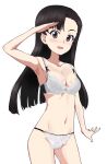  1girl armpits black_hair blush bra breasts brown_eyes cleavage collarbone girls_und_panzer kayabakoro large_breasts long_hair looking_at_viewer navel nishi_kinuyo open_mouth salute simple_background smile solo underwear underwear_only white_background white_bra 