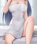  1girl blue_hair breasts cleavage clorinde_(genshin_impact) close-up commentary_request covered_navel dakimakura_(medium) dark_blue_hair genshin_impact highres indoors keine09 knee_up large_breasts long_hair naked_towel on_bed paid_reward_available sitting solo towel wet wet_towel 