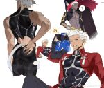  4boys ? abs absurdres alternate_costume animal_ears archer_(fate) ass between_legs cat_ears cat_tail collage come_hither cropped_torso cu_chulainn_(fate) cu_chulainn_(fate/stay_night) cu_chulainn_alter_(fate) dark-skinned_male dark_skin ear_wiggle emiya_alter fate/grand_order fate_(series) hand_on_own_ass highres large_pectorals leg_lift male_focus motion_lines mouth_hold multiple_boys muscular muscular_male pectoral_cleavage pectorals seductive_smile shrug_(clothing) side-by-side smile spoken_emoji spoken_question_mark stomach tail tobu_0w0 undressing yaoi 