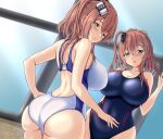  2girls ass back black_one-piece_swimsuit blue_eyes breasts brown_hair competition_swimsuit cowboy_shot day dual_persona highres kantai_collection large_breasts long_hair looking_at_viewer looking_back montemasa multiple_girls one-piece_swimsuit open_mouth ponytail rei_no_pool saratoga_(kancolle) saratoga_mk_ii_(kancolle) side_ponytail smokestack_hair_ornament swimsuit white_one-piece_swimsuit window 