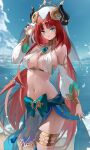  1girl absurdres beach berserker_r blue_sky breasts brooch cloud day detached_sleeves genshin_impact green_eyes harem_outfit highres horns jewelry long_hair low_twintails medium_breasts navel nilou_(genshin_impact) ocean outdoors red_hair sky solo stomach thighlet twintails very_long_hair water wet 