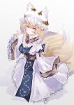  1girl animal_ears blonde_hair blush closed_mouth dress fox_ears fox_tail frilled_sleeves frills full_body hat highres long_sleeves mob_cap multiple_tails sarasadou_dan short_hair simple_background solo tabard tail touhou white_background white_dress white_headwear wide_sleeves yakumo_ran yellow_eyes 