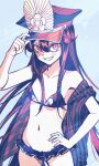  1girl bikini black_bikini blush breasts cleavage facing_viewer family_crest fate/grand_order fate_(series) hair_between_eyes hands_on_headwear hat highres long_hair military_hat oda_nobunaga_(fate) oda_nobunaga_(swimsuit_berserker)_(fate) oda_uri open_clothes open_shirt peaked_cap red_eyes sempon_(doppio_note) sidelocks simple_background smile solo swimsuit very_long_hair 