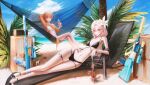  2girls alternate_costume arm_behind_head artist_name assault_rifle aug_(girls&#039;_frontline) bare_legs beach bikini black_bikini black_footwear black_nails blonde_hair breasts bullpup cleavage closed_mouth cocktail_glass collarbone crab crossed_legs cup dindsau drinking_glass earrings eyewear_on_head flower girls&#039;_frontline gun hair_flower hair_ornament hand_on_own_hip highres holding holding_cup jewelry legs lips long_hair looking_at_another looking_down lying multiple_girls nail_polish navel orange_eyes orange_hair ots-14_(girls&#039;_frontline) ots-14_groza rifle sand small_breasts smile starfish steyr_aug sunglasses swimsuit weapon white_bikini yellow_eyes 