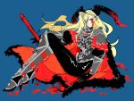  1girl armor black_armor black_horns black_pants blonde_hair blue_background breastplate cape dragon_horns facial_mark fate/grand_order fate_(series) full_body fur-trimmed_cape fur_trim hair_over_one_eye high_heels horns long_hair looking_at_viewer lying nero_claudius_(fate) pants petals pointy_ears queen_draco_(fate) queen_draco_(third_ascension)_(fate) ramu_takka red_cape red_eyes rose_petals shoulder_plates simple_background smile solo sword wavy_hair weapon 