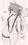  1girl :p animal_ear_fluff animal_ears animal_nose bikini black_bikini body_fur borrowed_character breasts bridal_garter brown_hair cat_ears cat_tail fingernails fredek666 frilled_one-piece_swimsuit frills furry furry_female green_eyes hair_between_eyes heart highres looking_at_viewer maid maid_one-piece_swimsuit medium_breasts nose one-piece_swimsuit one_eye_closed original pawpads pink_background slingshot_swimsuit solo sona_(yuio58ok) standing striped striped_background swimsuit tail thighs tongue tongue_out unconventional_maid v whiskers yuio_maid_dress 