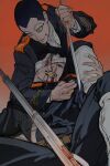  2boys arisaka bandage_over_one_eye bayonet belt black_eyes blood blood_from_mouth blood_on_hands blue_jacket bolt_action bullet_in_mouth buzz_cut clothes_grab facial_hair feet_out_of_frame fighting gkyoyo00 goatee golden_kamuy grabbing grabbing_from_behind gradient_background grey_eyes gun hair_slicked_back hair_strand half-closed_eye hand_on_another&#039;s_leg hand_up highres holding holding_knife imperial_japanese_army jacket knife long_sleeves looking_at_another lying male_focus military military_jacket military_uniform mole mole_on_cheek mouth_hold multiple_boys nosebleed ogata_hyakunosuke on_back red_background rifle scar scar_on_cheek scar_on_face shirt short_hair smile stick_figure teeth_hold thick_eyebrows uniform usami_tokishige very_short_hair weapon white_shirt wide-eyed 