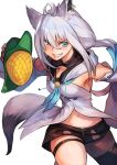  1girl ahoge animal_ear_fluff animal_ears breasts corn detached_sleeves fox_ears fox_girl fox_tail green_eyes hair_between_eyes hinoru_saikusa hololive hood hoodie long_hair looking_at_viewer shirakami_fubuki shirakami_fubuki_(1st_costume) shorts smile solo tail thighs virtual_youtuber white_hair 