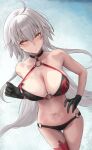  1girl ahoge bare_shoulders bikini black_bikini black_gloves blush breasts choker cleavage collarbone fate/grand_order fate_(series) gloves grey_hair highres jeanne_d&#039;arc_alter_(fate) jeanne_d&#039;arc_alter_(swimsuit_berserker)_(fate) large_breasts long_hair looking_at_viewer navel o-ring o-ring_bikini red_thighhighs single_thighhigh solo swimsuit thigh_strap thighhighs thighs very_long_hair yamaneko_(tkdrumsco) yellow_eyes 
