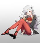 1girl absurdres ascot between_legs black_footwear black_jacket blush braid breasts fate/grand_order fate_(series) fengqun frilled_sleeves frills full_body gradient_background grey_background grey_hair grey_vest hair_between_eyes hand_between_legs head_tilt high_heels highres jacket knees_together_feet_apart knees_up legs long_sleeves medium_breasts miniskirt olga_marie_animusphere on_ground open_clothes open_jacket open_mouth orange_eyes panties panties_under_pantyhose pantyhose pleated_skirt purple_panties red_ascot red_pantyhose shirt side_braid skirt solo strappy_heels thighs toe_cleavage underwear vest white_background white_shirt white_skirt 