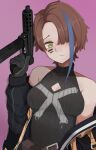  1girl bare_shoulders black_gloves black_jacket black_shirt blue_hair blush breasts brown_hair cleavage cleavage_cutout closed_mouth clothing_cutout commentary_request covered_collarbone facial_mark girls&#039;_frontline gloves green_eyes gun hair_over_one_eye head_tilt highres holding holding_gun holding_weapon jacket long_sleeves maishtar_colo medium_breasts multicolored_hair name_connection object_namesake official_alternate_costume open_clothes open_jacket pink_background puffy_long_sleeves puffy_sleeves ribbed_shirt shirt simple_background sleeveless sleeveless_shirt solo streaked_hair tec-9 tec-9_(girls&#039;_frontline) upper_body weapon 