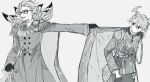  2boys ahoge cape clothes_pull epaulettes facial_hair fate/grand_order fate_(series) glasses gloves greyscale hair_between_eyes highres jacket james_moriarty_(archer)_(fate) james_moriarty_(ruler)_(fate) kaigan0211 long_sleeves male_focus monochrome multiple_boys open_mouth pants pulled_by_another simple_background sketch sweat 