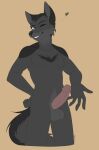  anthro balls black_body black_fur canid canine canis ceriglider fenrir_(fenrirw0lf) fur genitals green_eyes hi_res humanoid_genitalia male mammal penis simple_background solo wolf 