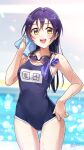  1girl alternate_costume blue_hair blurry blurry_background blush breasts collarbone dated goggles goggles_around_neck hair_between_eyes highres long_hair looking_at_viewer love_live! open_mouth pool school_swimsuit signature small_breasts solo sonoda_umi swimsuit teeth towel wedo wet 